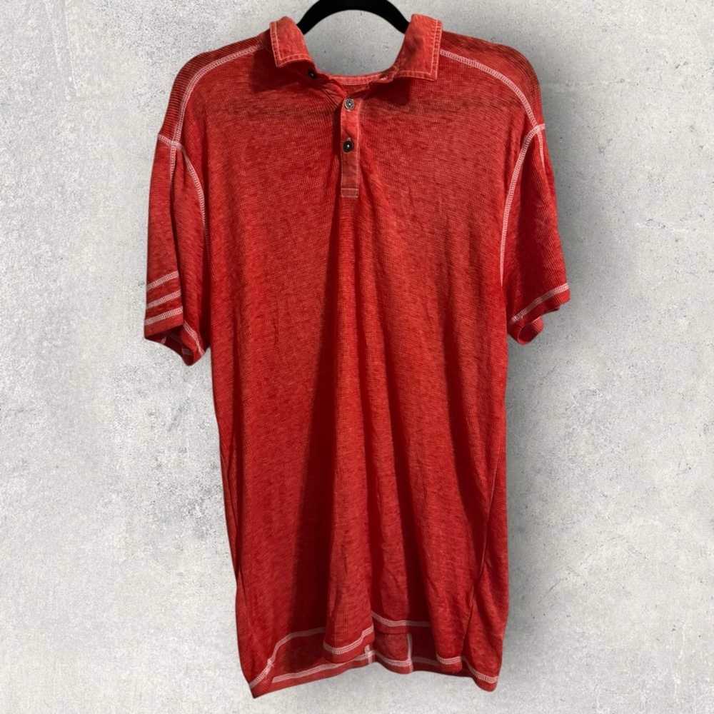 Buckle Red Short Sleeve Polo Shirt Contrast Stitch Casual Size L